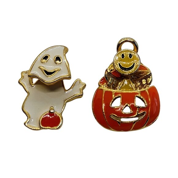 Vtg Lot of 2 Enamel Halloween Ghost & Pumpkin Pins - Picture 2 of 7